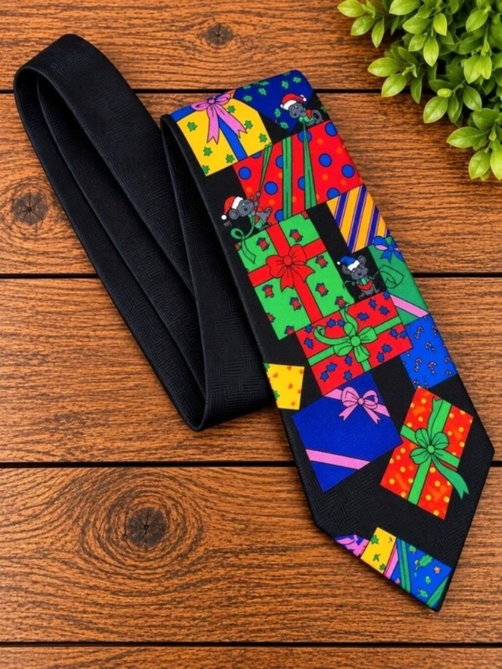 Addiction Men’s Christmas Necktie Black Colorful Presents Santa Holiday Tie
